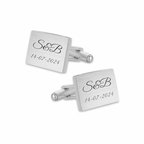 Manchetknopen Rechthoek Mat met Datum en Lettergravure - Zilverkleurig