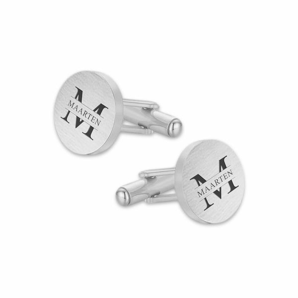 Manchetknopen Rond Mat met Naamgravure - Zilverkleurig