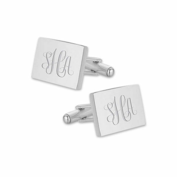 Manchetknopen Rechthoek Glans met Monogram gravure - Zilverkleurig